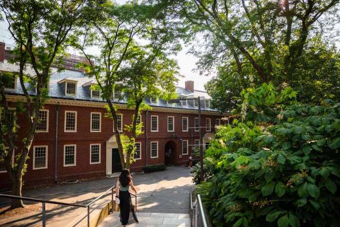 A hall at Harvard University shaded by trees