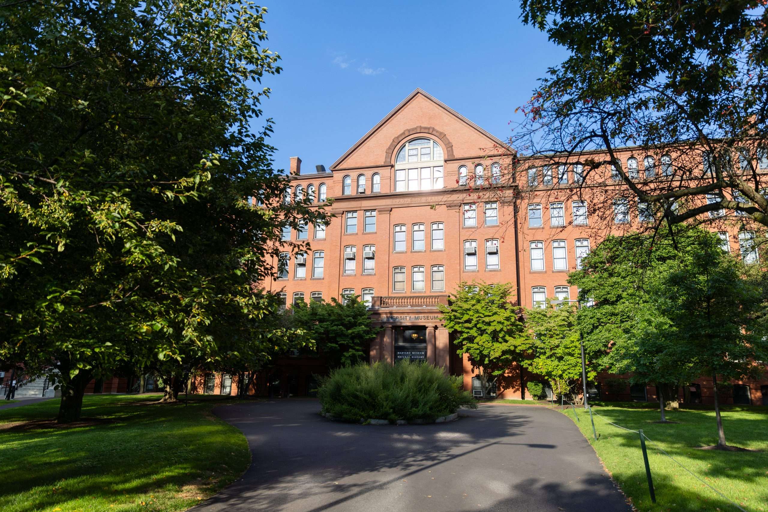 The exterior of Harvard's museum is featured beyond its front lawn.