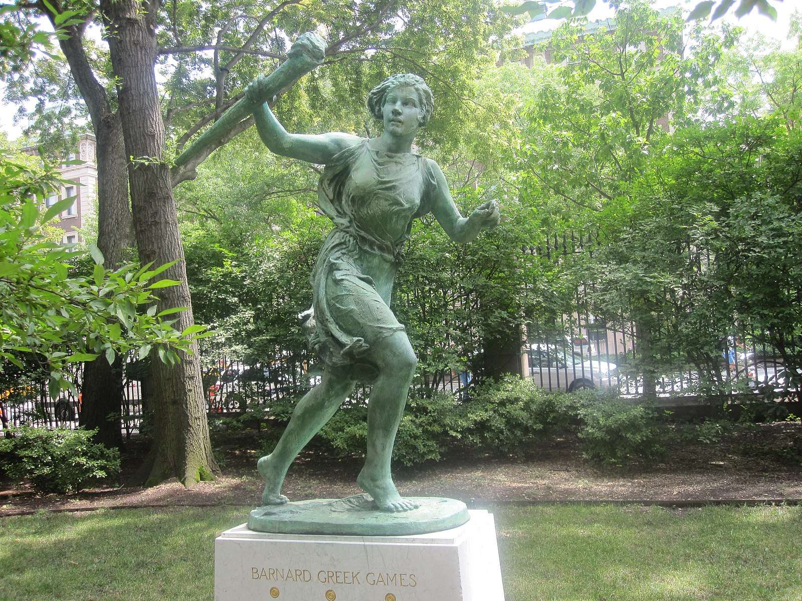 A statue of a Greek god is featured at Barnard College.