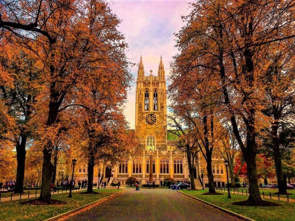Gasson Hall is featured at Boston College in the fall.