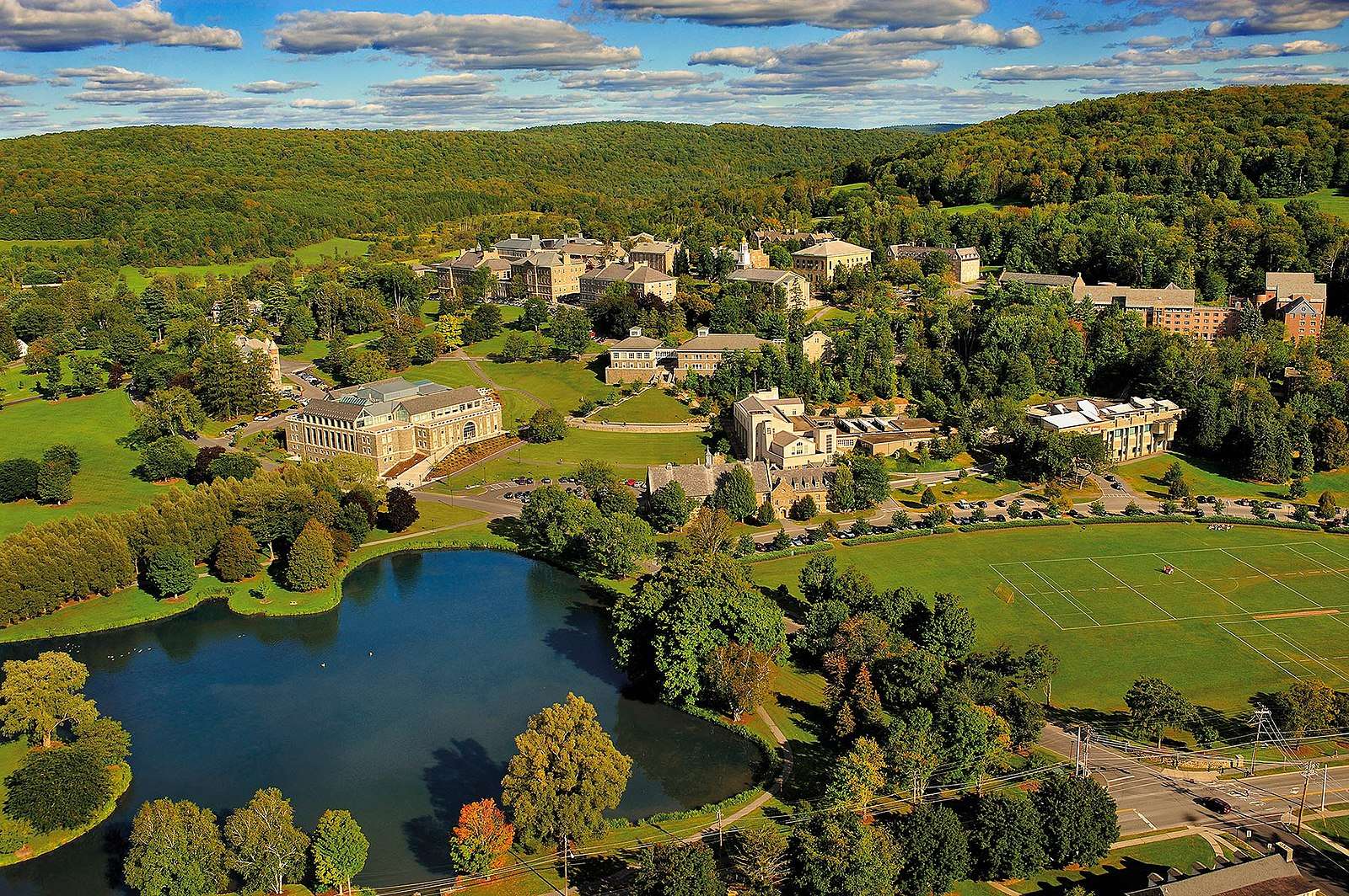 An aerial view of Colgate's bucolic campus.