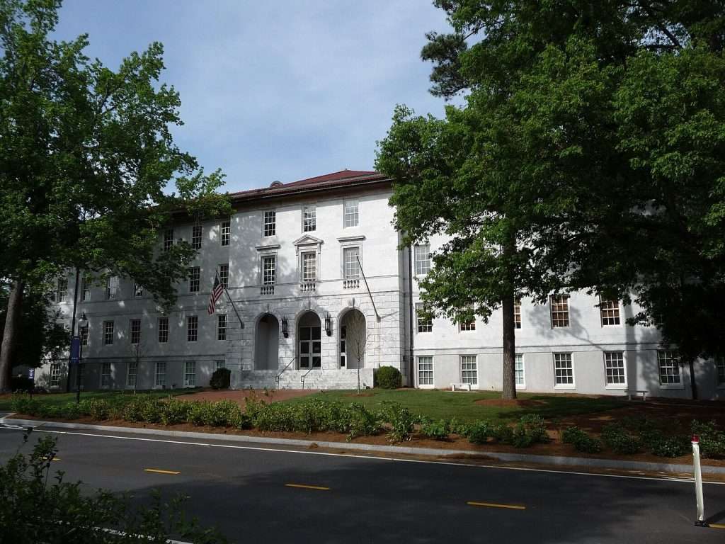 Emory University’s Dowman Administration building is featured.