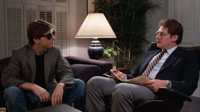 Tom Cruise's character wears sunglasses during his Princeton interview in "Risky Business."