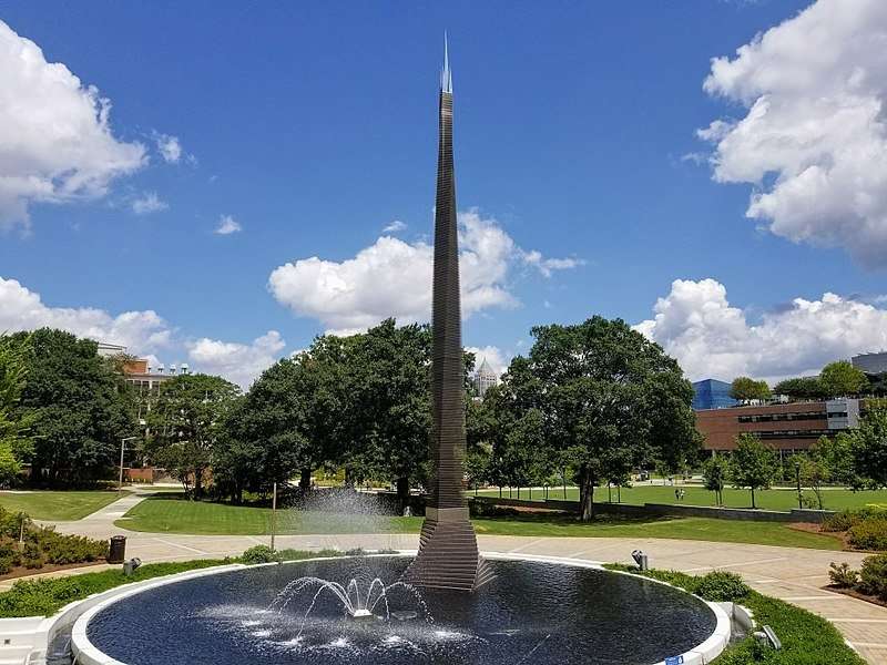 An obelisk rises out of a fountain on Georgia Tech's campus.