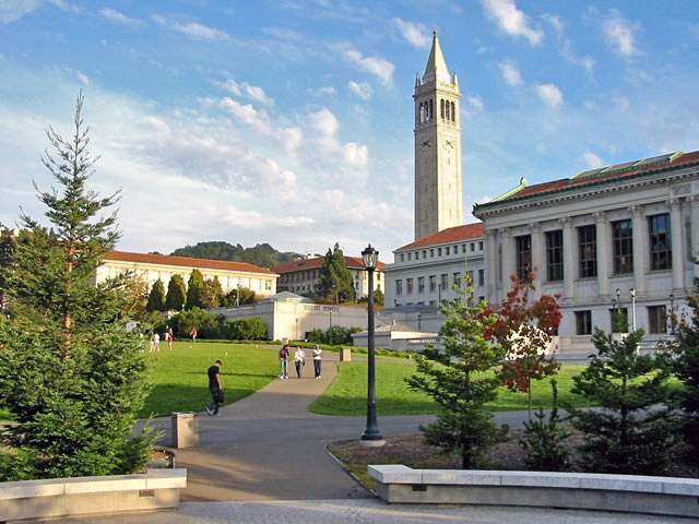 Memorial Glade and Sather Tower are featured on the campus of the University of California, Berkeley.
