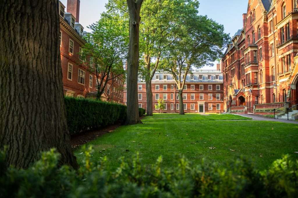 A green lawn is featured between red-bricked buildings at Harvard University.