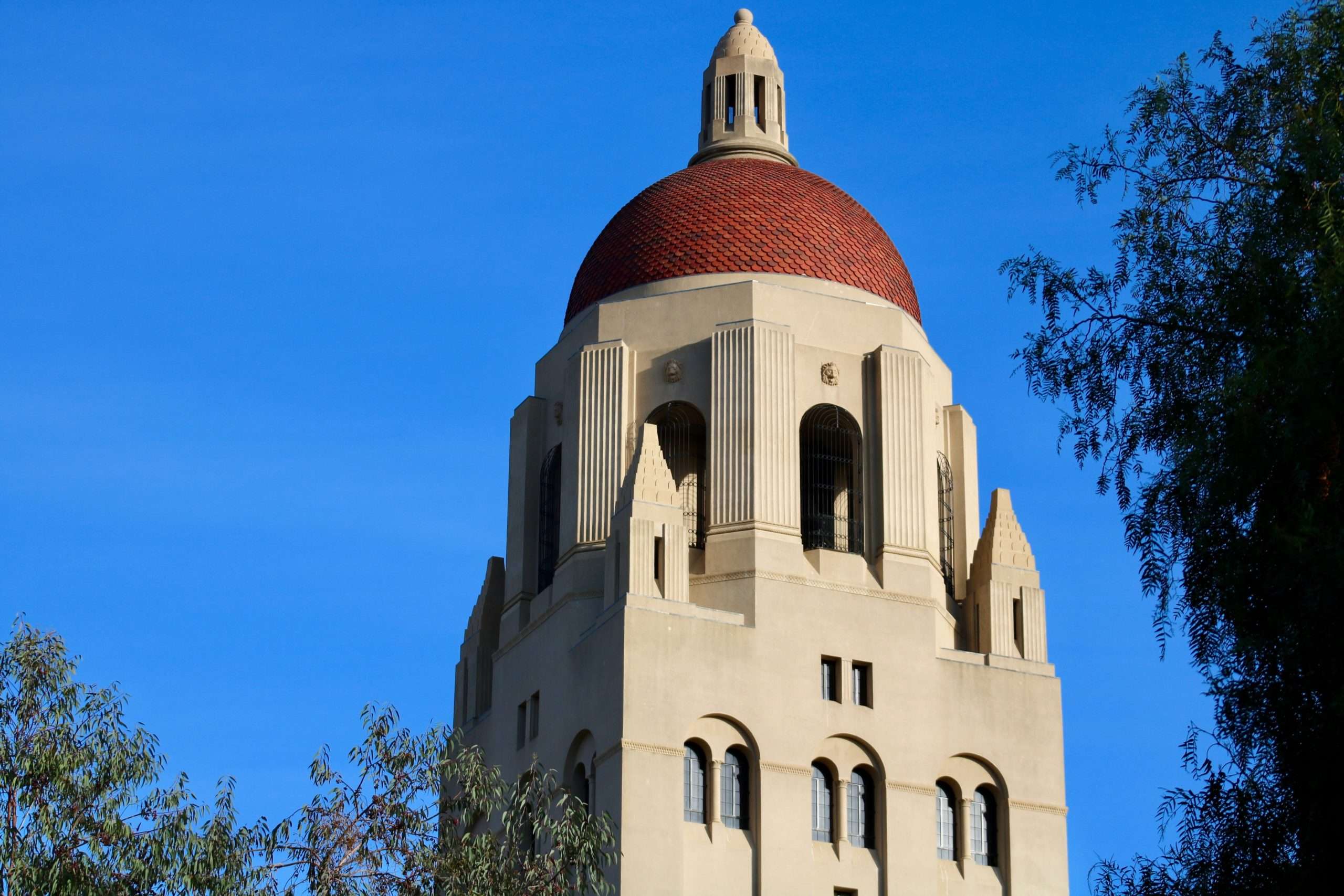 The Hoover Tower is featured on a clear day.