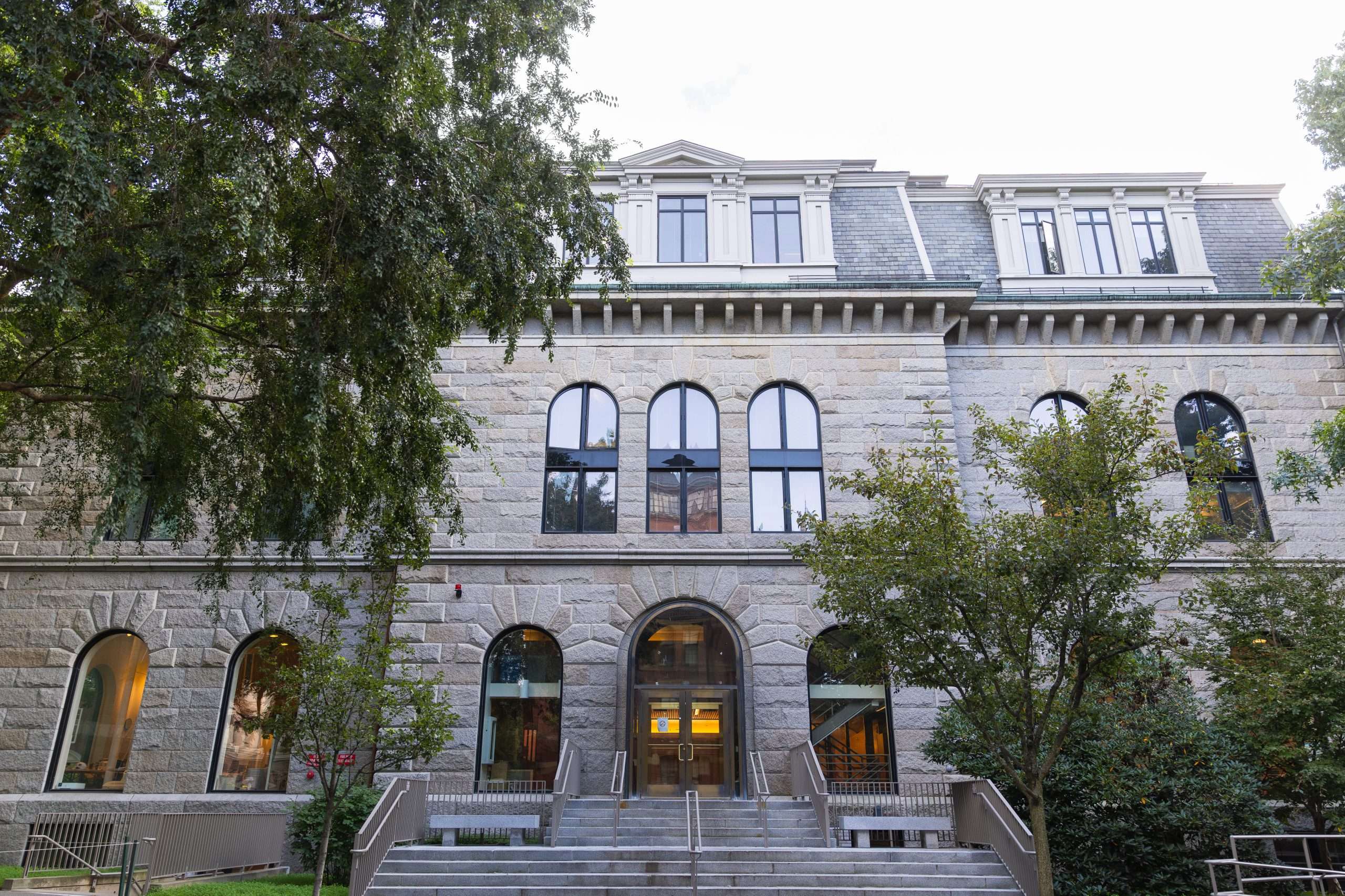 A staircase leads to a building at Harvard University.