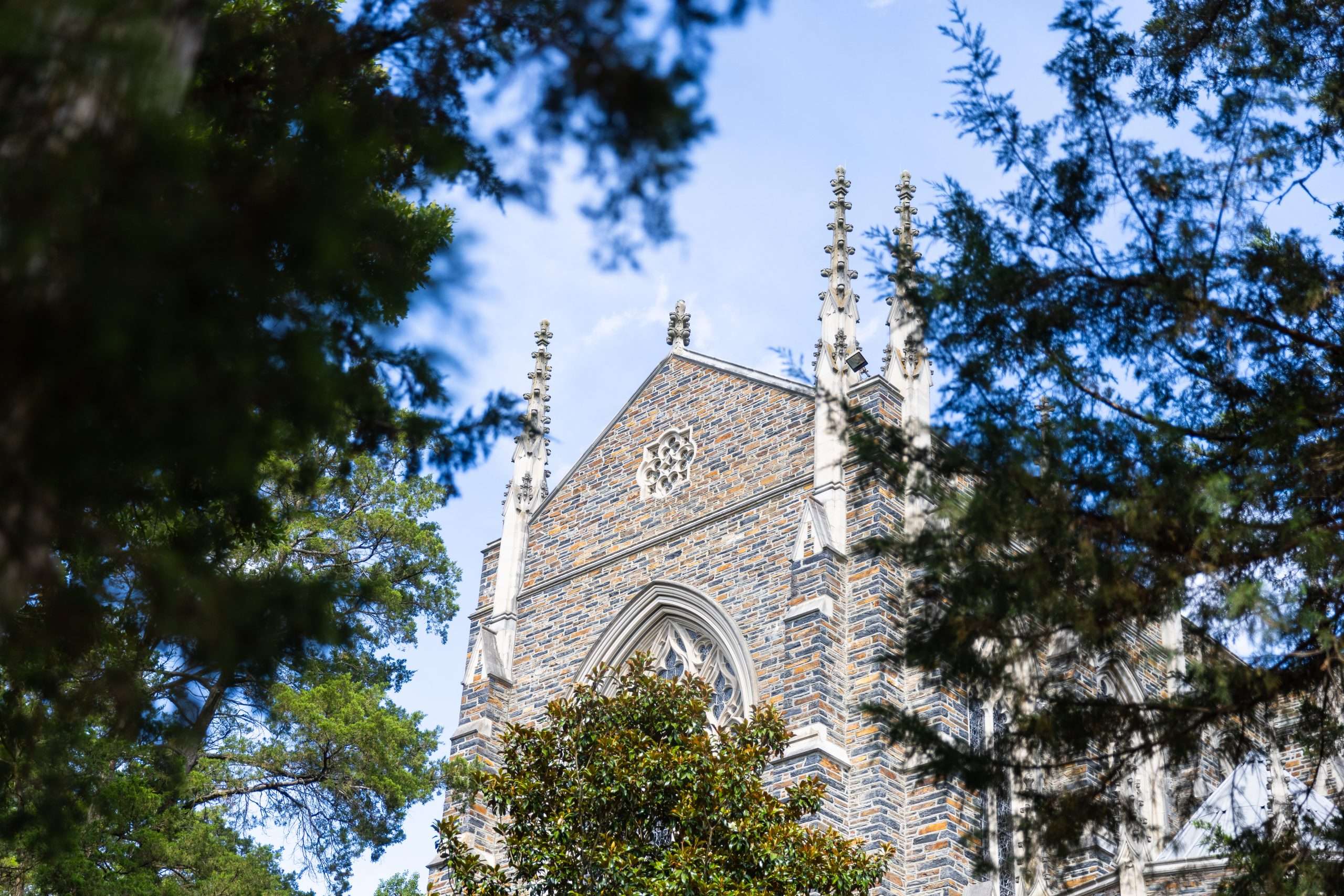 A view of the exterior of Duke Chapel from below.
