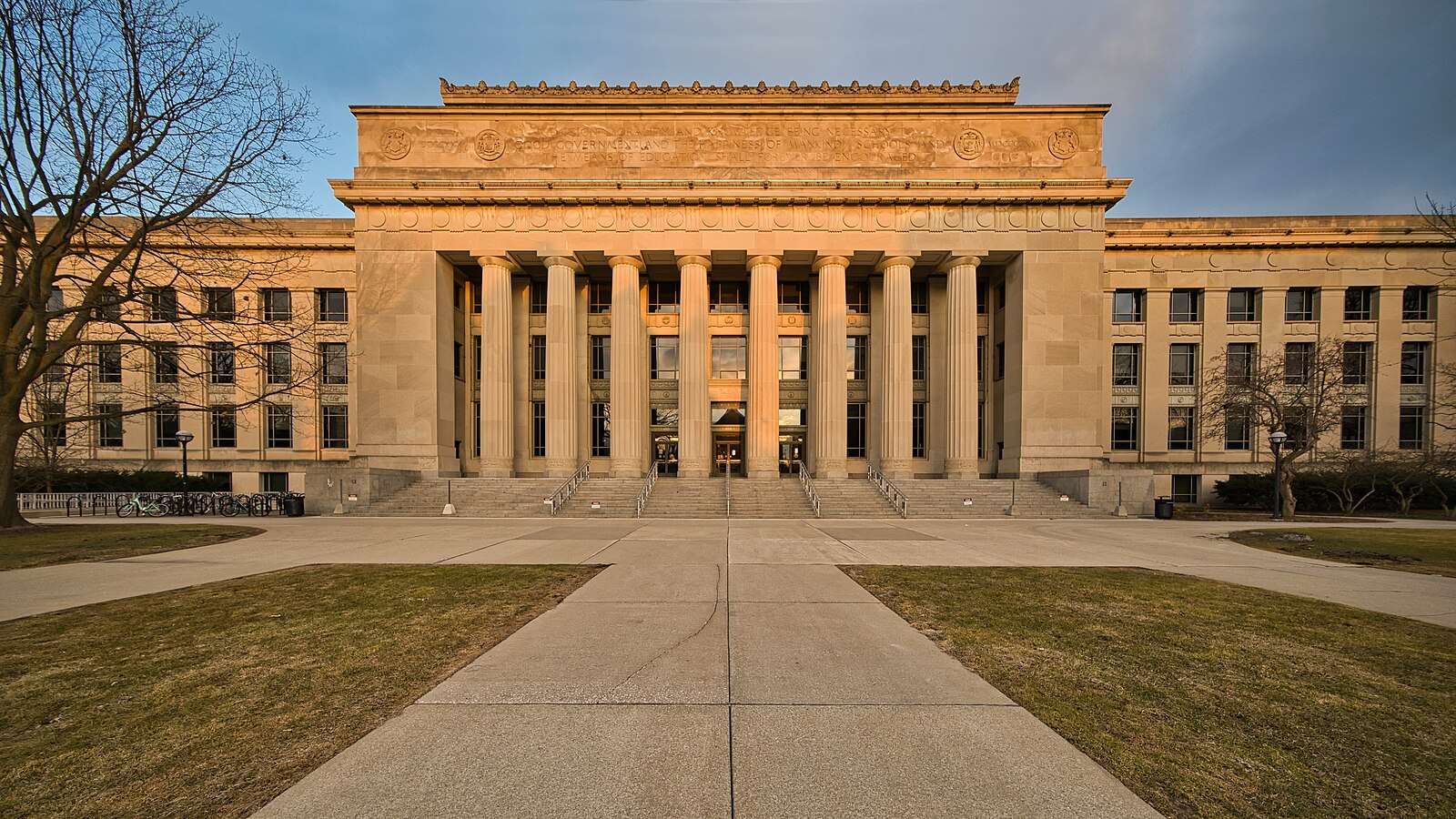 The columned Angel Hall is featured from the exterior on the University of Michigan's campus.