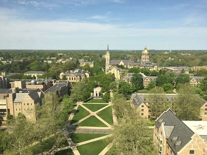 An aerial view of the University of Notre Dame, centered on the quad.
