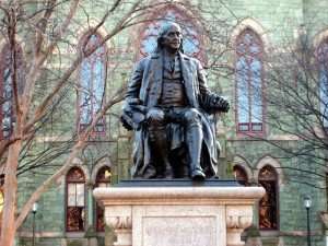 A statue of Benjamin Franklin.