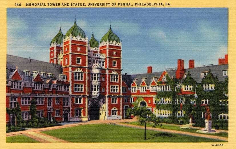 This is an old postcard of Memorial Tower and Statue at the University of Pennsylvania.