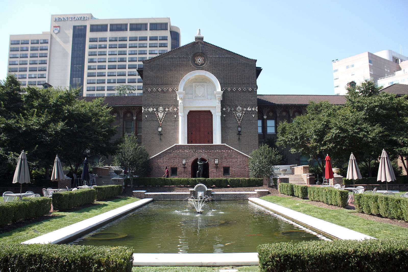 Warden Garden and the main entrance to Penn Museum is featured.