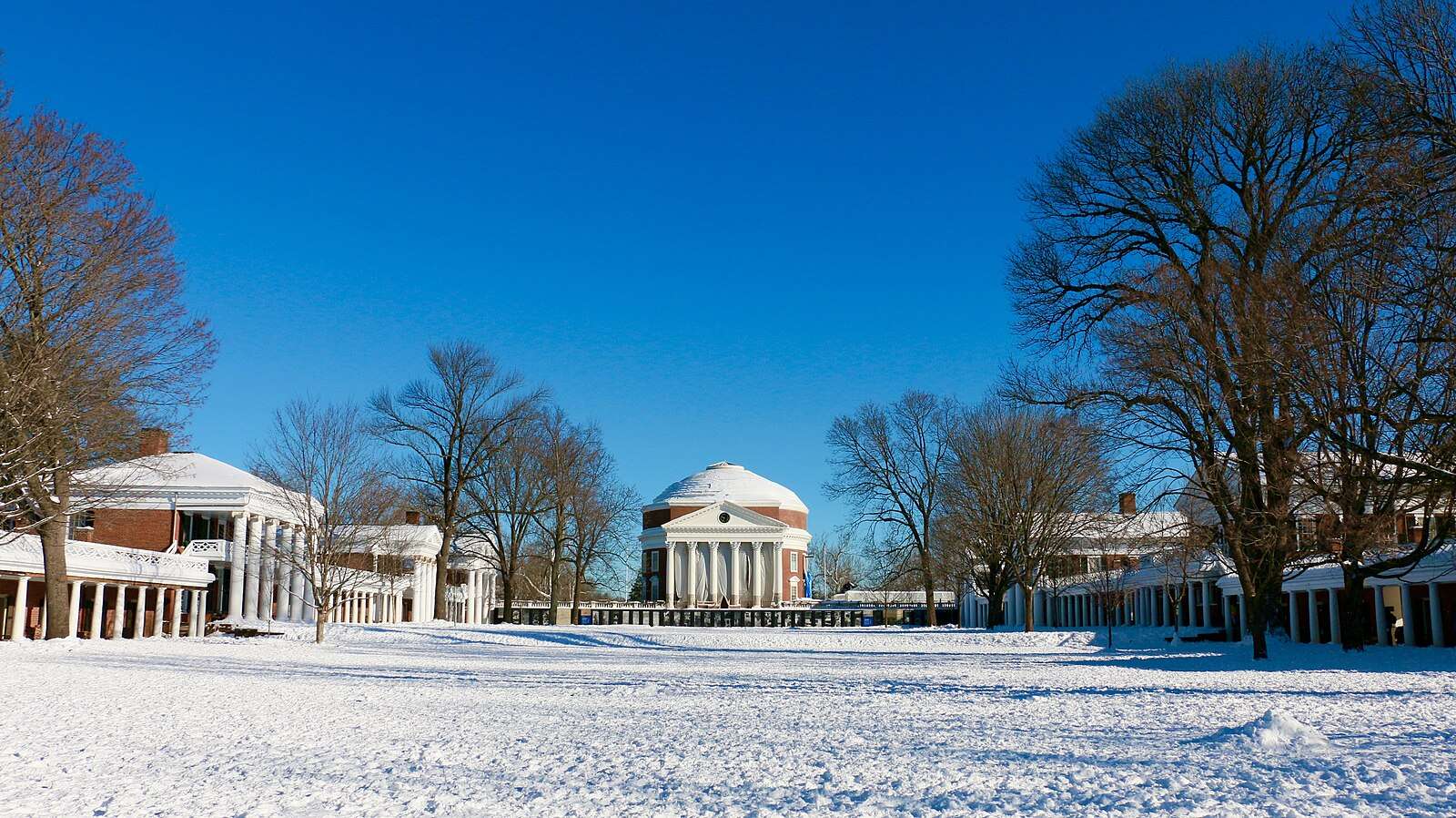 The Rotunda is featured beyond a snow-covered lawn at UVA.