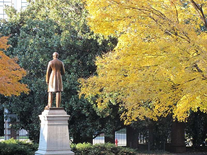 A statue at Vanderbilt University is featured during fall.
