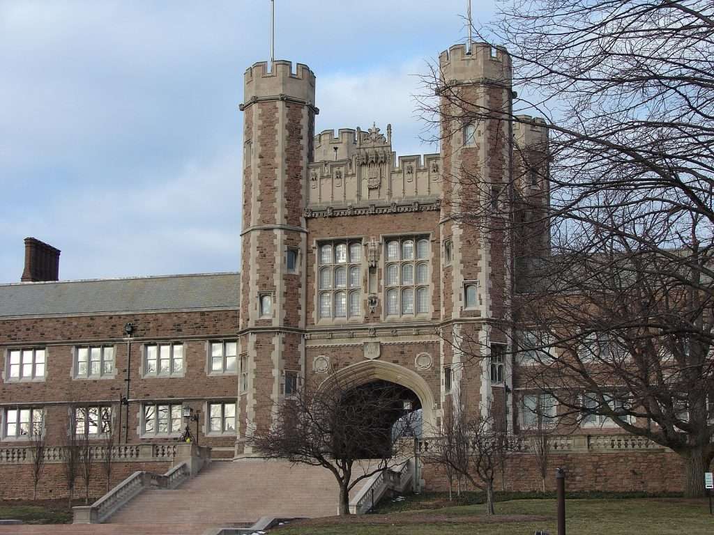 The gothic Brookings Hall is featured at Washington University in St. Louis.