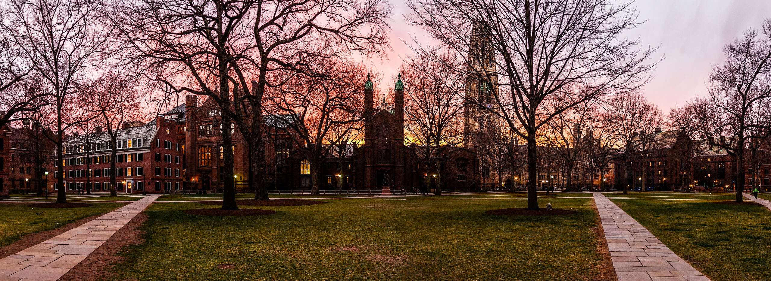 A panoramic view of Yale University's campus at dusk.