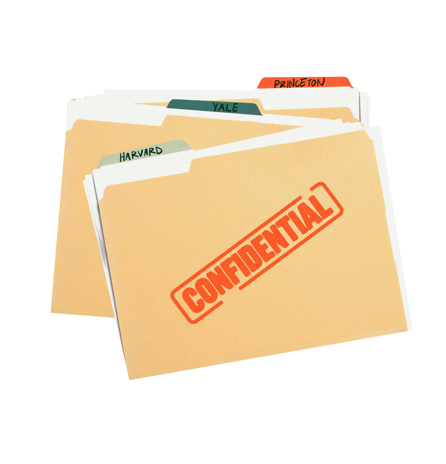 A stack of three files for Harvard, Princeton, and Yale with "Confidential" stamped on the front.