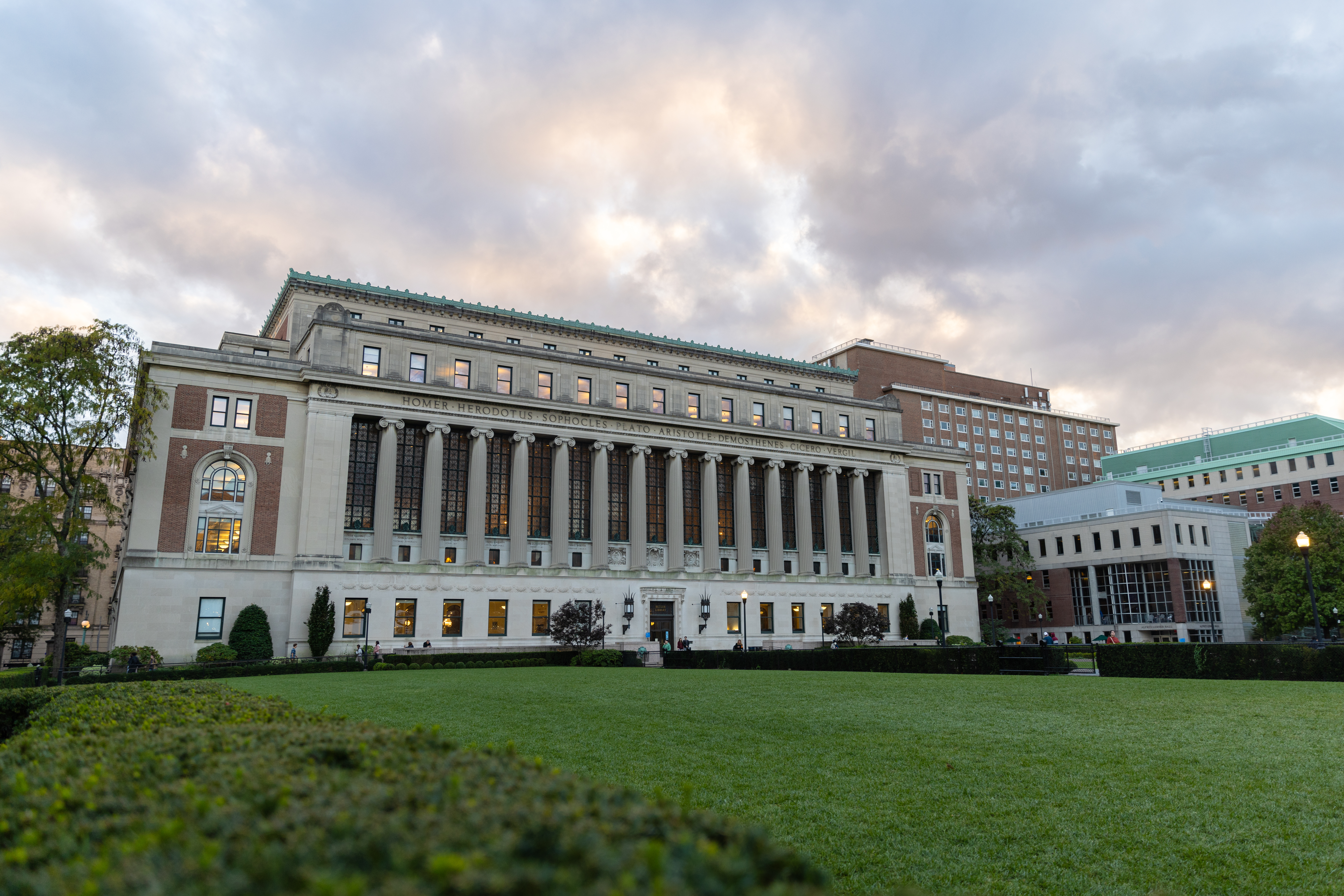Columbia University's library is seen beyond a well manicured lawn.