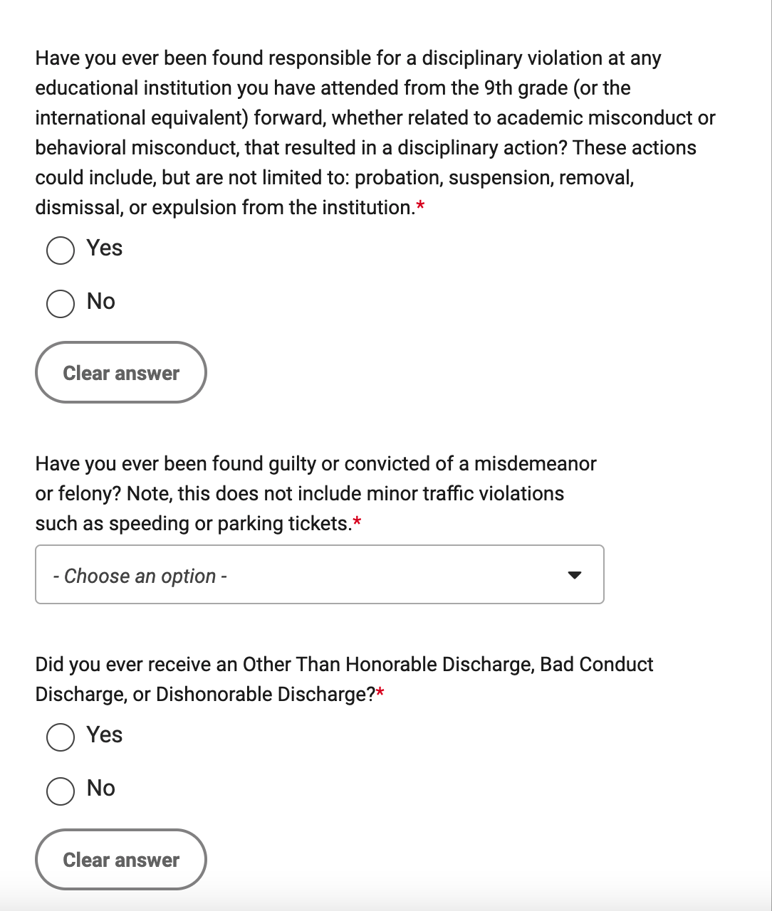 This is a screenshot of a college application question asking about student disciplinary history.