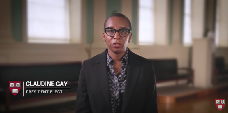 Former Harvard President Claudine Gay is featured in front of a blurry background.