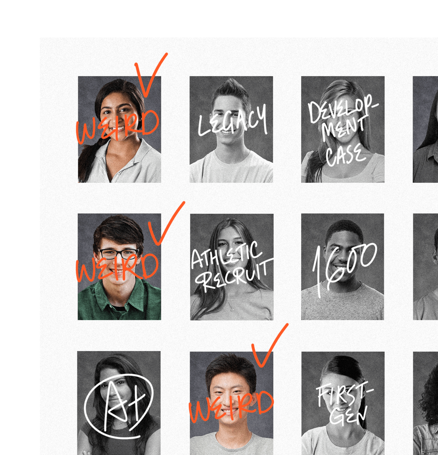 Yearbook page with notes marked on student's faces: "weird", "lucky", "A+", etc.